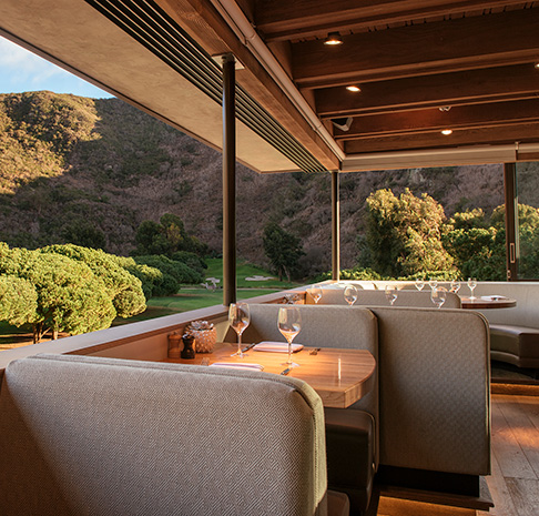 Restaurant seating area with a view. 