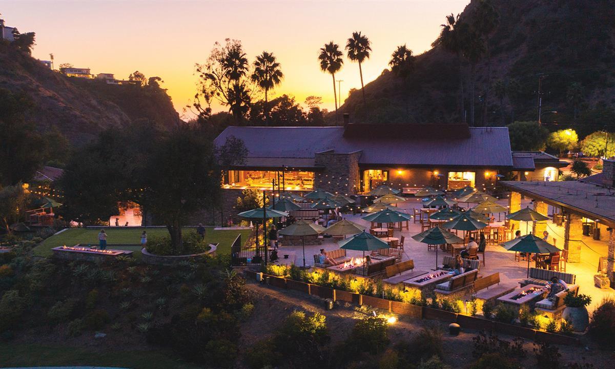 Aerial view of resort at dusk