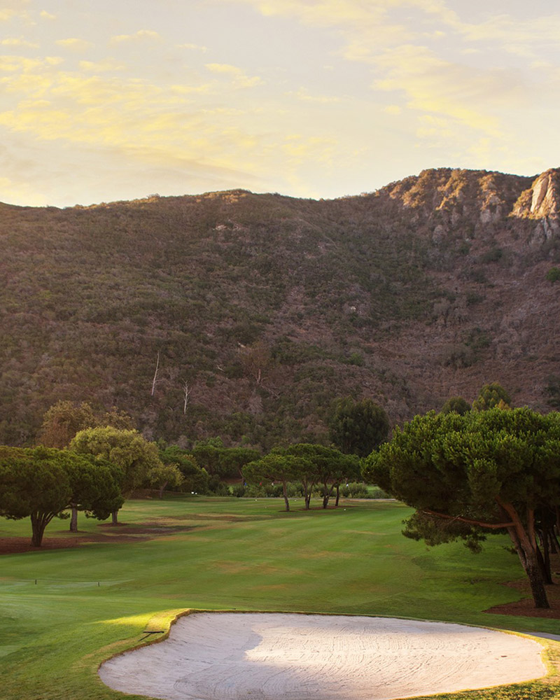 Golf course at sunrise. 