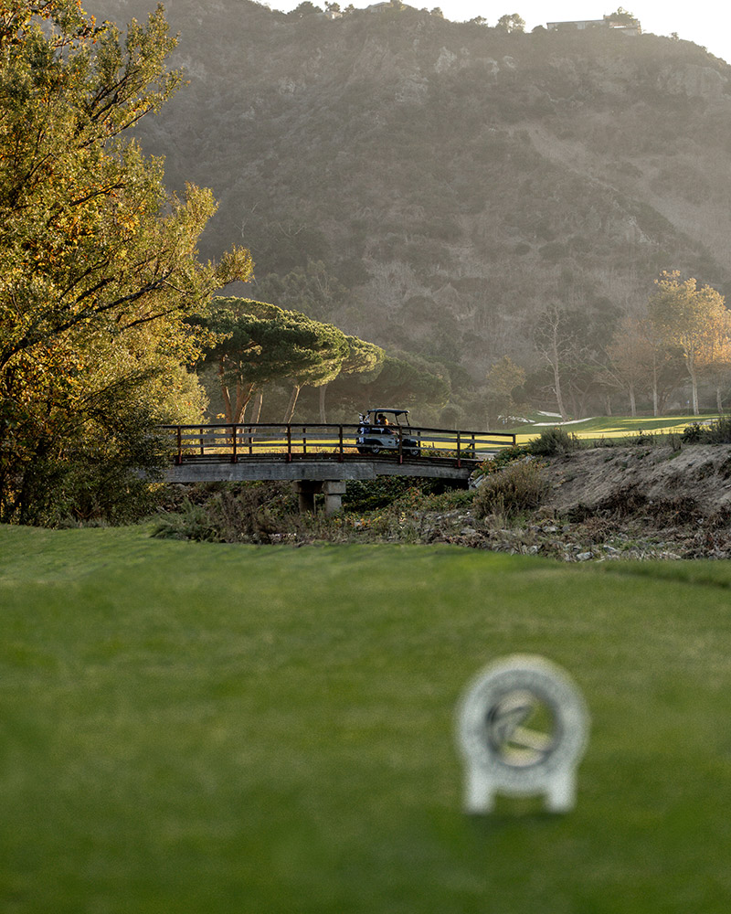 Golf cart going over bridge. 