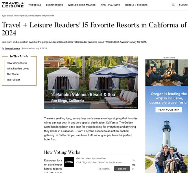 A screenshot of the Travel + Leisure article