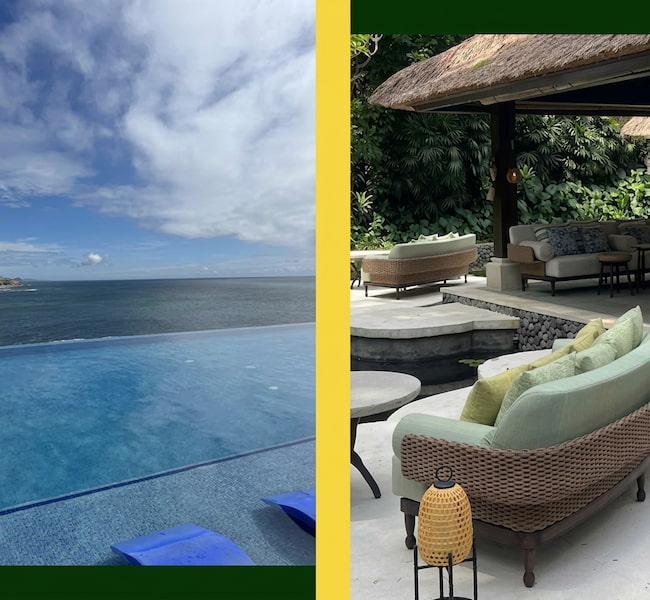 split image of pool seating and lounge seating