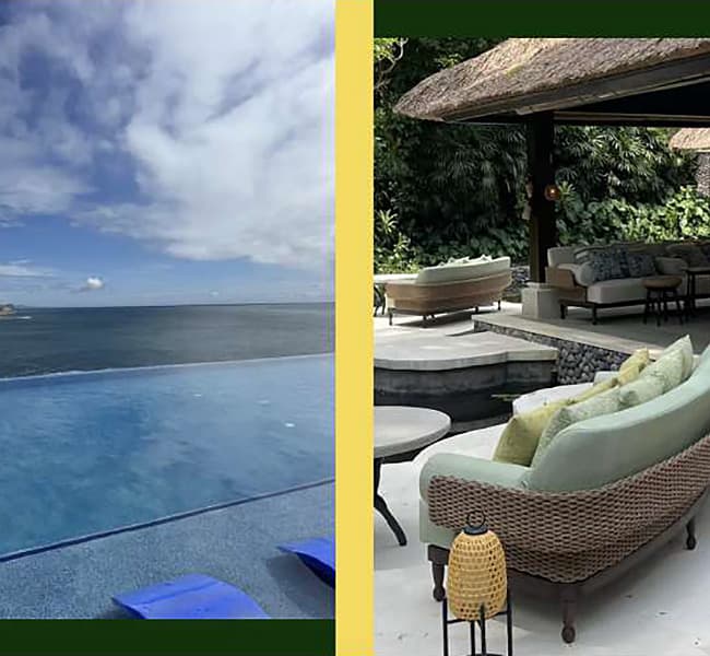 A split photo of the pool and patio
