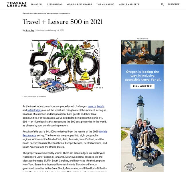 A screenshot of the Travel + Leisure article