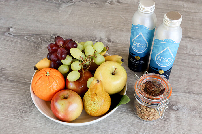 Fruit bowl, Granola and healthy drinks on a table
