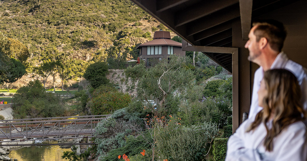Couple looking at the view off the balcony. 